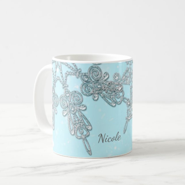 Mug Blue Winter Wonderland Élégants flocons d'argent (Devant gauche)