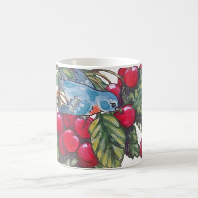 Mug Bluebird Cherries Rouge Bleu Feuille Fruit été (Centre)