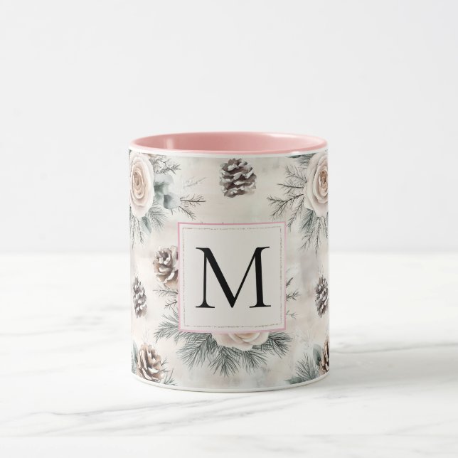 Mug Blush Pink Christmas Pine Cones Floral Monogram (Centre)