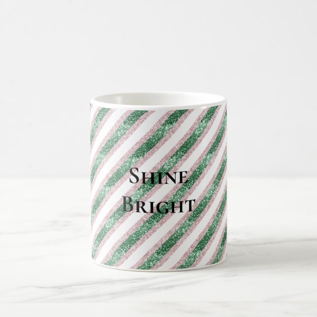 Mug Blush Pink Green Glitzy Glitter Stripes Christmas (Centre)