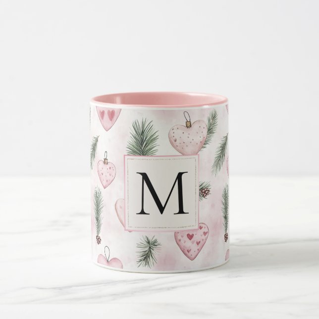 Mug Blush Pink Hearts Christmas Monogram (Centre)