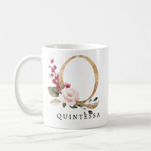 Mug Blush Rose Fleur Lettre Q Or Élégant