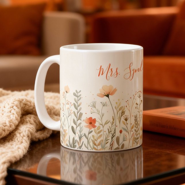 Mug Blush Wildflower Teacher Name Elegant Script (Créateur téléchargé)