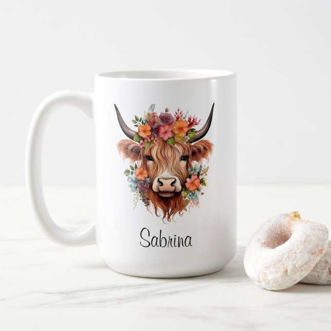 Mug Boho Floral Scotland Highland Cow Western Custom (Avec donut)