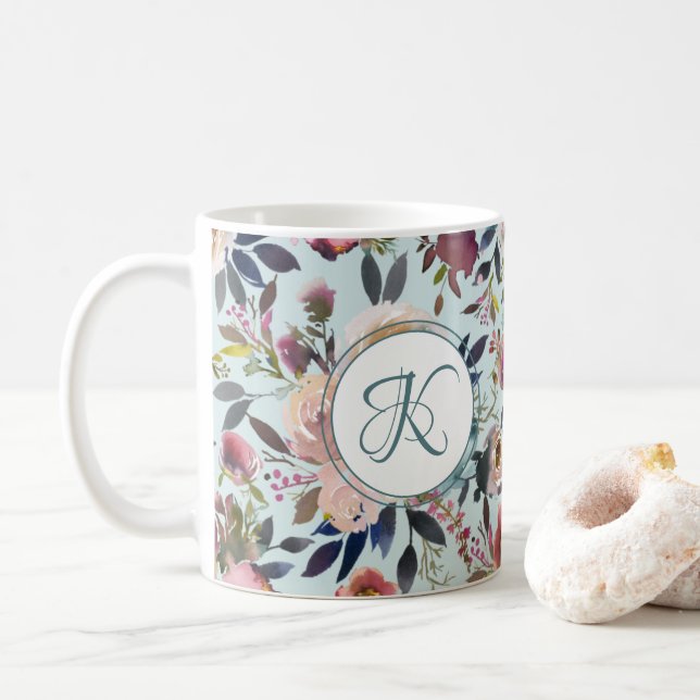 Mug Boho Flowers vert rose Monogramme (Avec donut)
