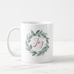 Mug Boho Green Wreath Red Berries Joy Holiday