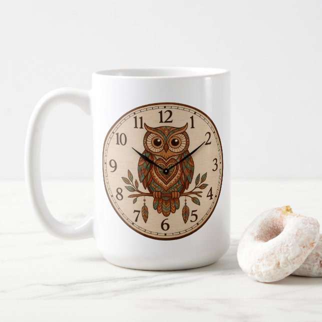 Mug Boho Owl Large Wall Clock (Avec donut)