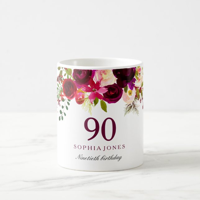 Mug Boho rouge Bourgogne 90e fête d'anniversaire (Centre)