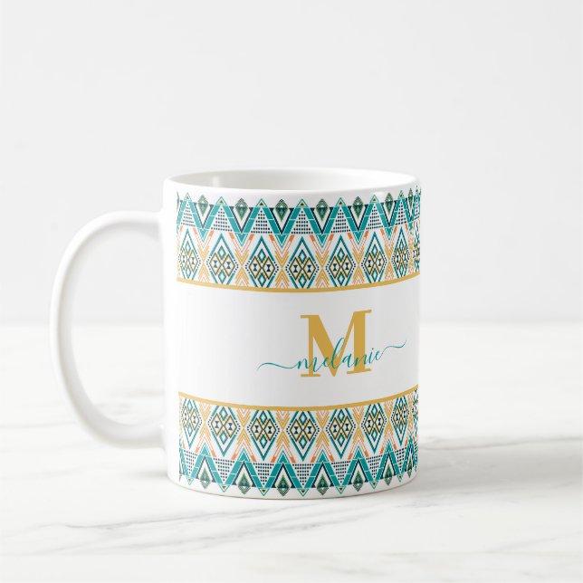 Mug Boho Turquoise Mustard Ethnique Monogramme Abstrai (Gauche)