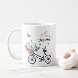 Mug Bon design printemps : vélo, fleurs et oiseaux