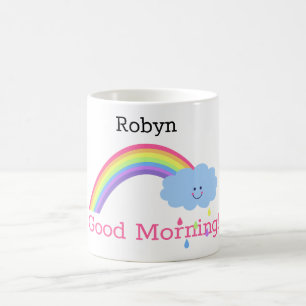 Mug Bonjour arc-en-ciel, nuage souriant, votre nom