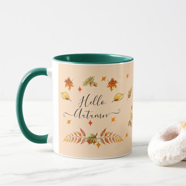 Mug Bonjour automne Feuilles et pins (Avec donut)