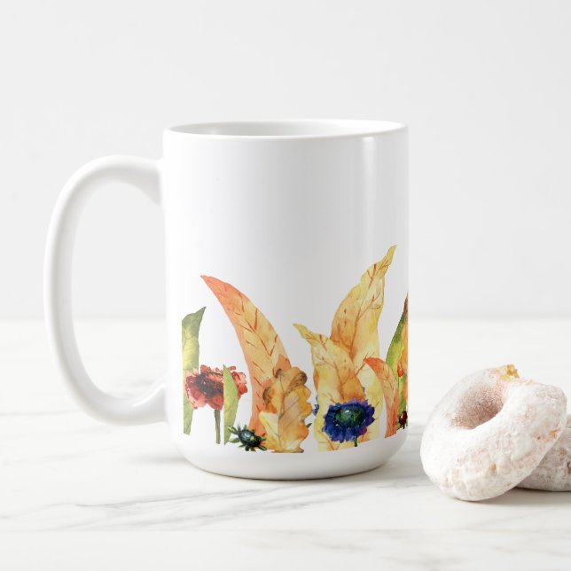 Mug Bonjour Automne | Typographie | Fleurs et Feuilles (Avec donut)