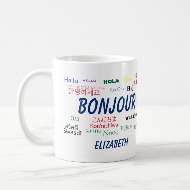 Mug Bonjour Beaucoup de langues Nom de voyage (Gauche)