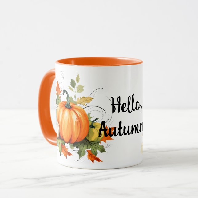 Mug Bonjour Citrouilles d'automne et panier automne (Devant gauche)