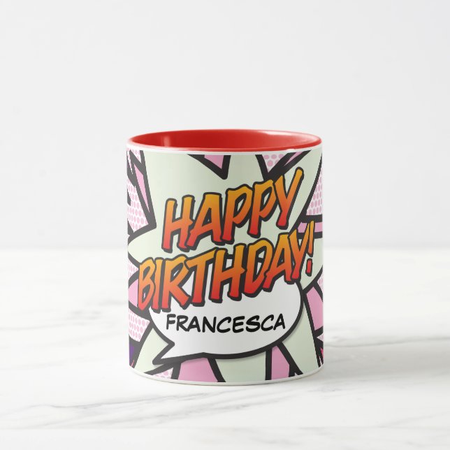 Mug BONJOUR D'ANNIVERSAIRE Fun Retro Comic Book Pink (Centre)
