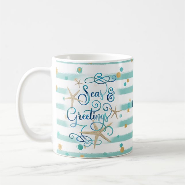Mug Bonnes Fêtes tropicales, bandes et points Aqua (Gauche)