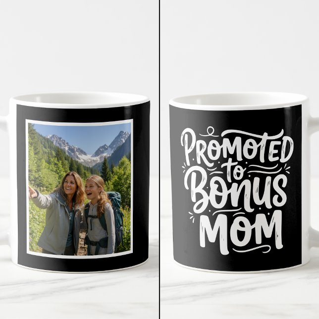Mug Bonus Mom Promoted Brush Script  1 Photo Black (Créateur téléchargé)