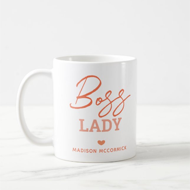 Mug Boss Lady Moderne Rose Orange Script Personnalisé (Gauche)