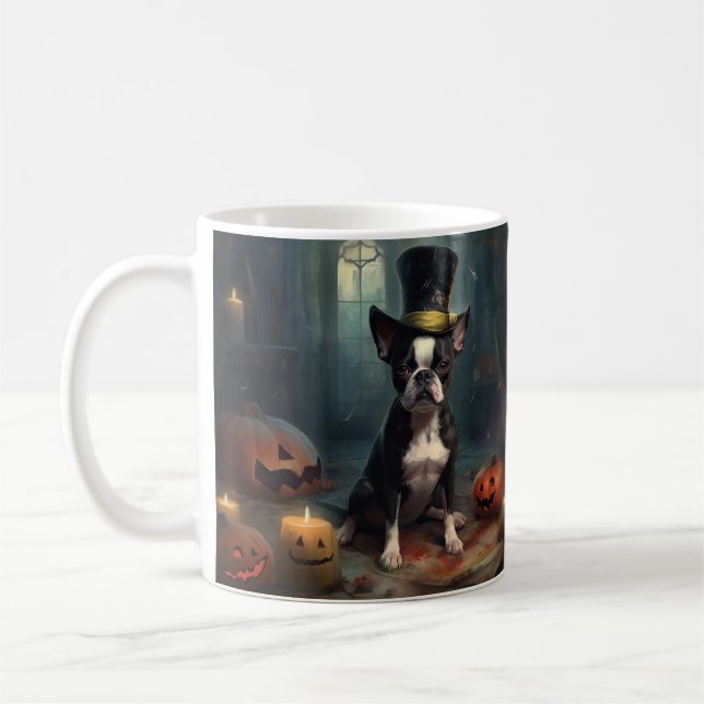 Mug Boston Terrier Citrouille Halloween effroi (Gauche)