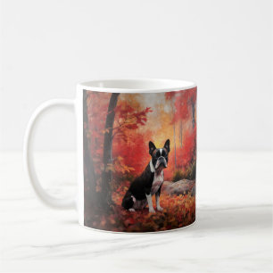 Mug Boston Terrier dans les feuilles d'automne qui tom