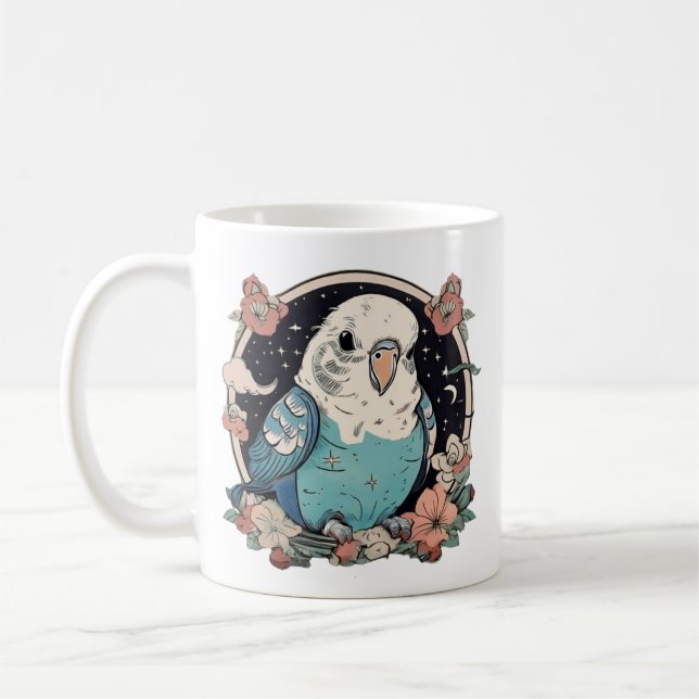 Mug Bouchon d'impression Floral Budgie bleu | Élégant  (Gauche)