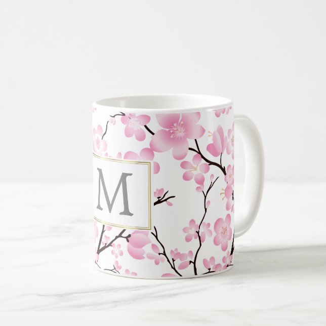 Mug boue de cerisier rose blanc initial personnalisabl (Devant droit)