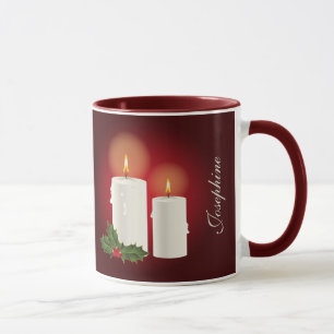Mug Bougies De Noël Blanches Sur Rouge Avec Texte Pers