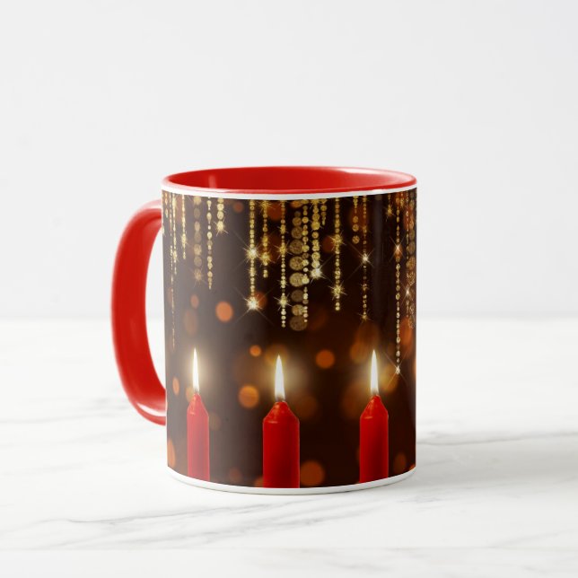 Mug Bougies rouges de vacances, Écouter et briller, (Devant gauche)