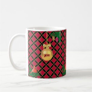 Mug Boule de Noël, oiseau, cônes de pin sur Noir & Rou