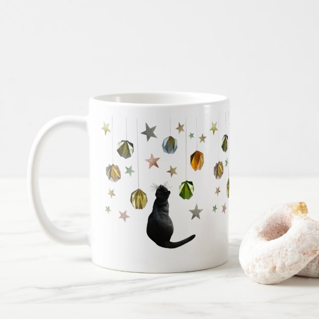 Mug Boules d'or de chats noirs et boules d'étoiles (Avec donut)