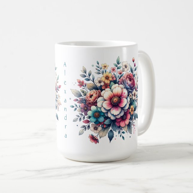 Mug Bouquet de fleurs aquarelle personnalisée (Devant droit)
