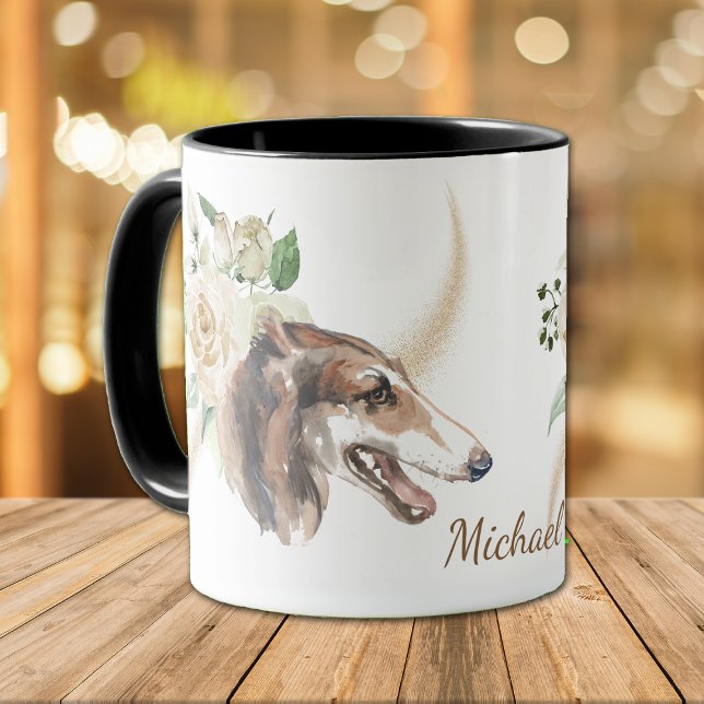 Mug Bouquet de rose blanche Chien de Borzoi (Créateur téléchargé)