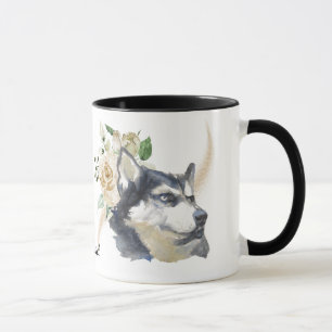 Mug Bouquet de rose blanche Chien sibérien Husky