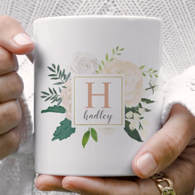 Mug Bouquet floral or flou bleu Monogramme personnalis (Créateur téléchargé)