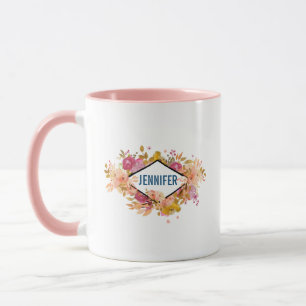 Mug Bouquet floral orange et rose avec cadre diamant