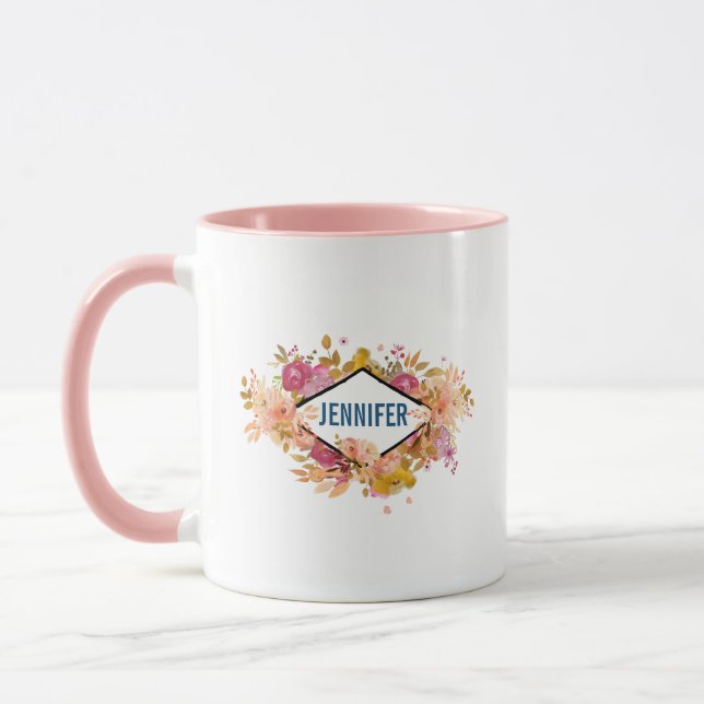 Mug Bouquet floral orange et rose avec cadre diamant (Gauche)
