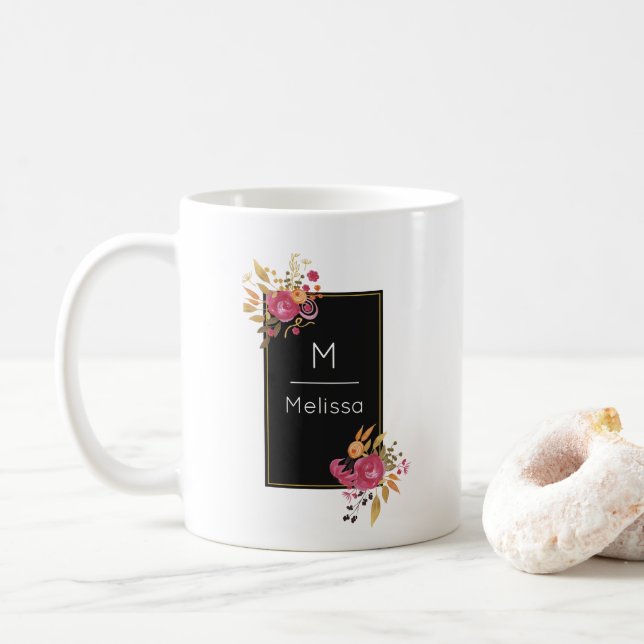 Mug Bouquets de coin rose floral sur cadre noir person (Avec donut)