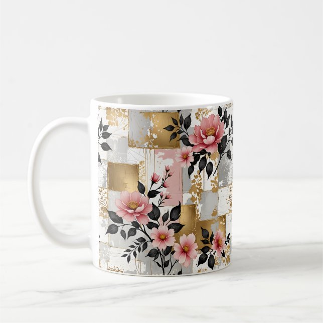 Mug Bouquets de fleurs roses sur Carrés or et blanc (Gauche)
