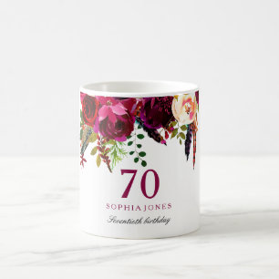 Mug Bourgogne rose Floral 70e anniversaire cadeau d'in