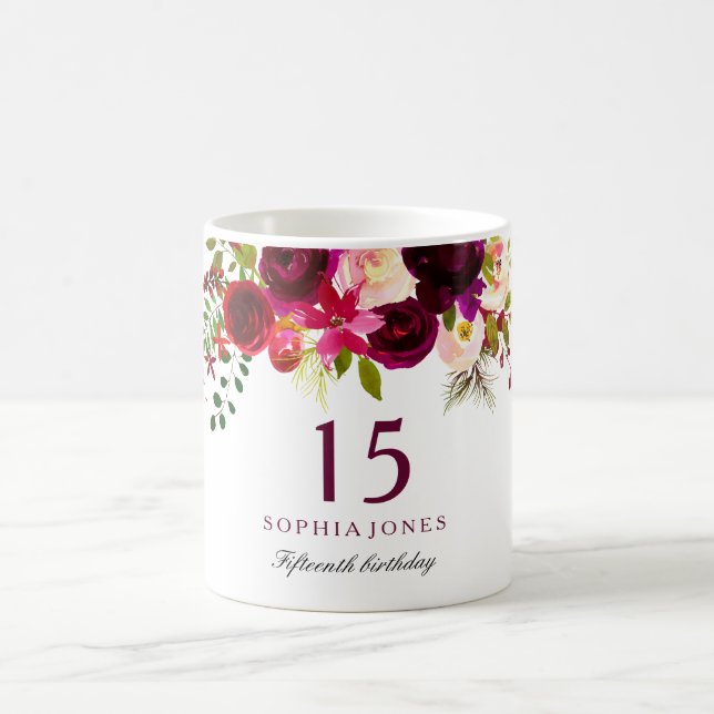 Mug Bourgogne Rouge Floral Boho 15e anniversaire Cadea (Centre)