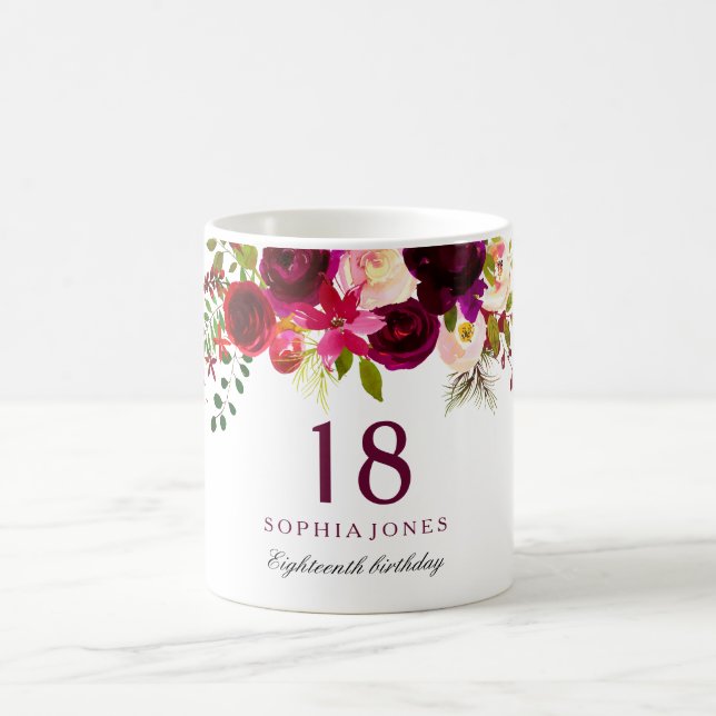 Mug Bourgogne Rouge Floral Boho 18e anniversaire Cadea (Centre)