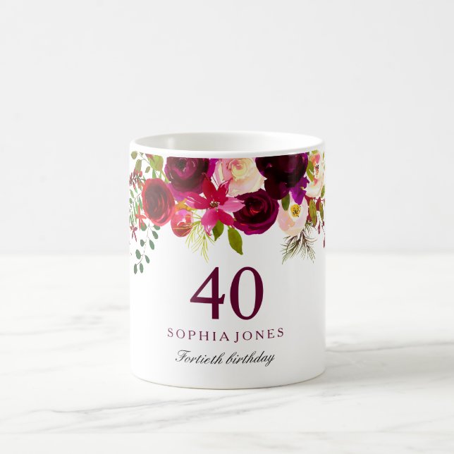 Mug Bourgogne Rouge Floral Boho 40e anniversaire Cadea (Centre)