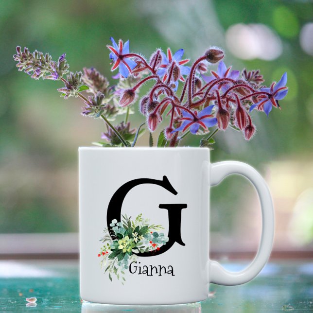 Mug Bouteille de café monogramme de la fleur de jardin (Créateur téléchargé)
