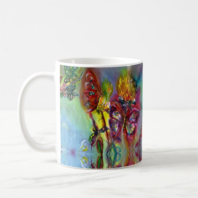 MUG BOUTEILLES ROUGES SUR THISTLES JAUNES, CIEL BLEU F (Gauche)