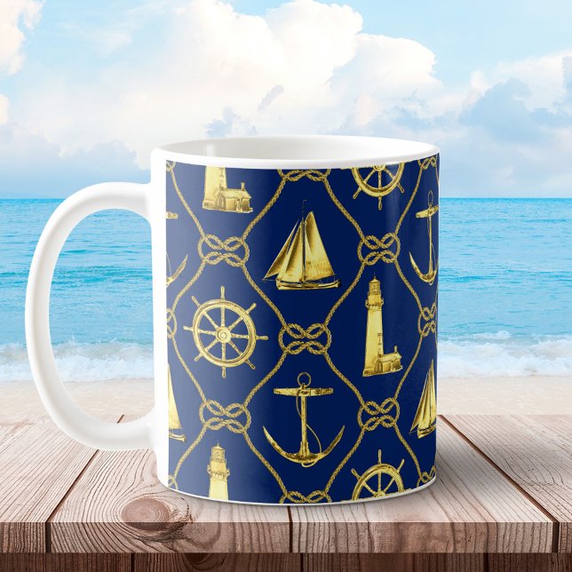 Mug Boutons de corde bleu et or de la marine nautique  (Créateur téléchargé)