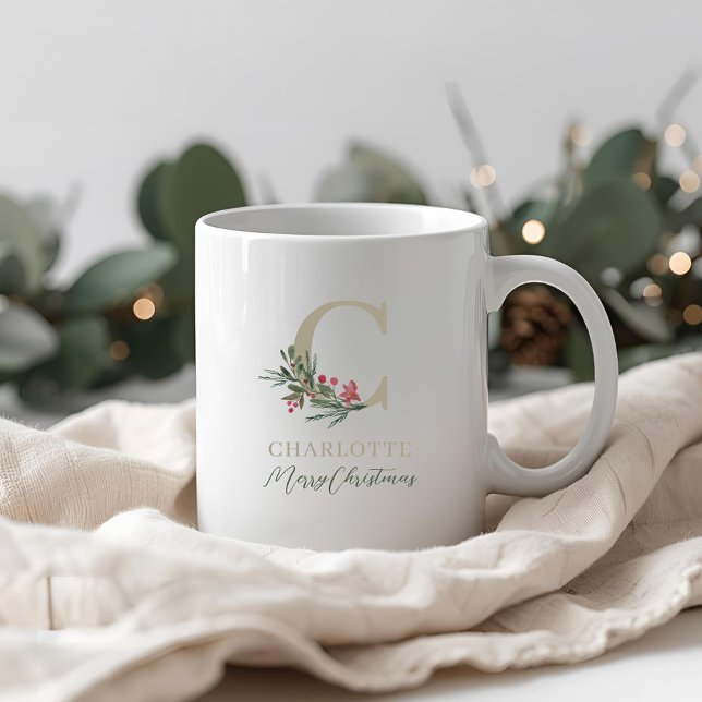 Mug Branche de baie rustique initiale et nom de Noël (Créateur téléchargé)