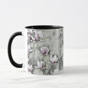Mug Branche de magnolia rose tirant sur fond noir gris