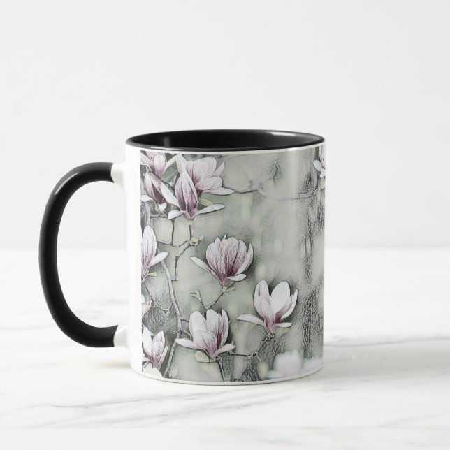 Mug Branche de magnolia rose tirant sur fond noir gris (Gauche)
