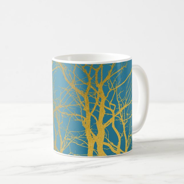 Mug Branches Gold Tree Motif Arrière - plan bleu (Devant droit)